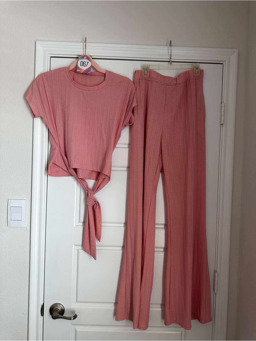 Women’s Dusty Rose Ribbed Tie Front Top & Flare Pants Set